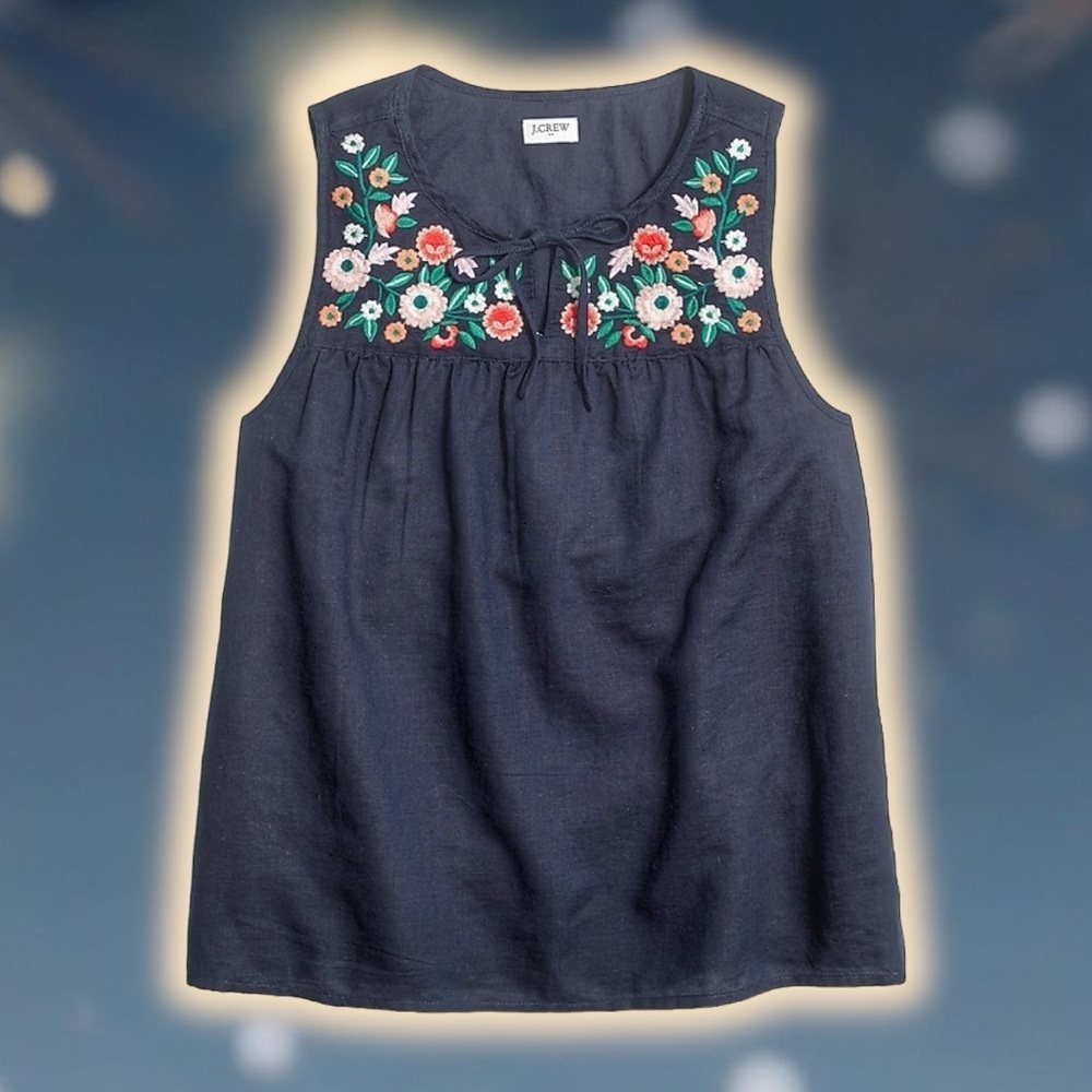NWT J. Crew Factory Navy Blue ‘Embroidered Tie-Neck Top in Linen-Cotton’ Sz XS